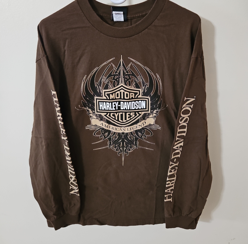 Harley-Davidson Brown Long Sleeve Graphic Tee with Beige Logo